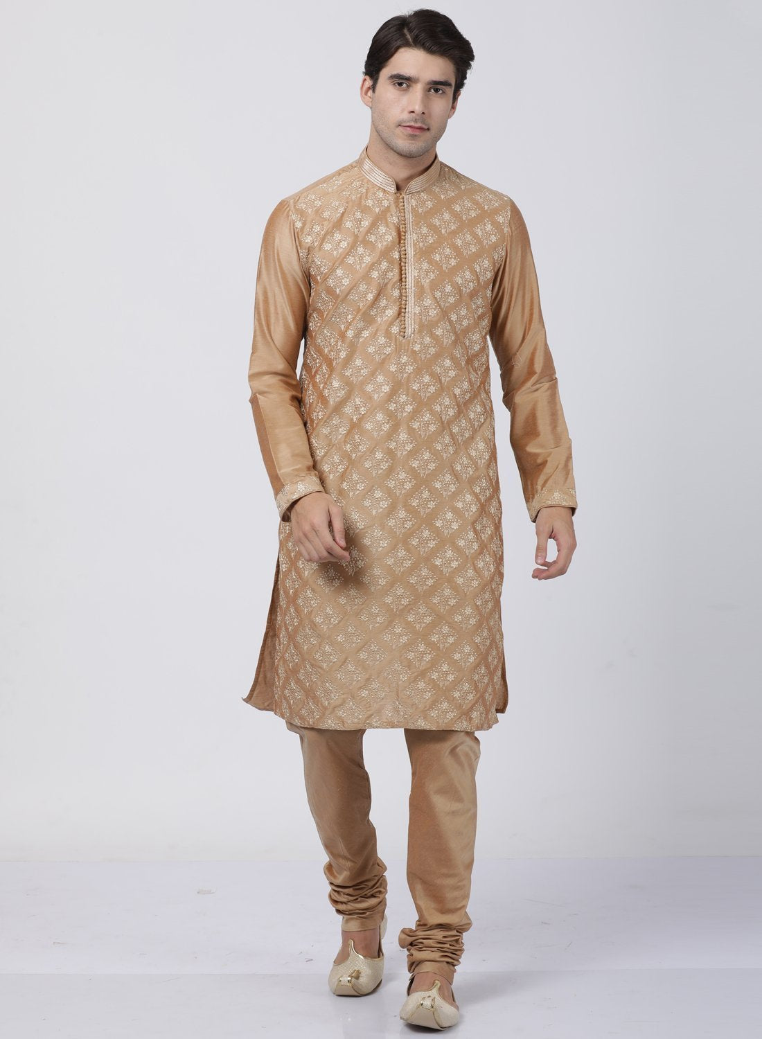 Men's Gold Cotton Silk Blend Kurta and Pyjama Set
