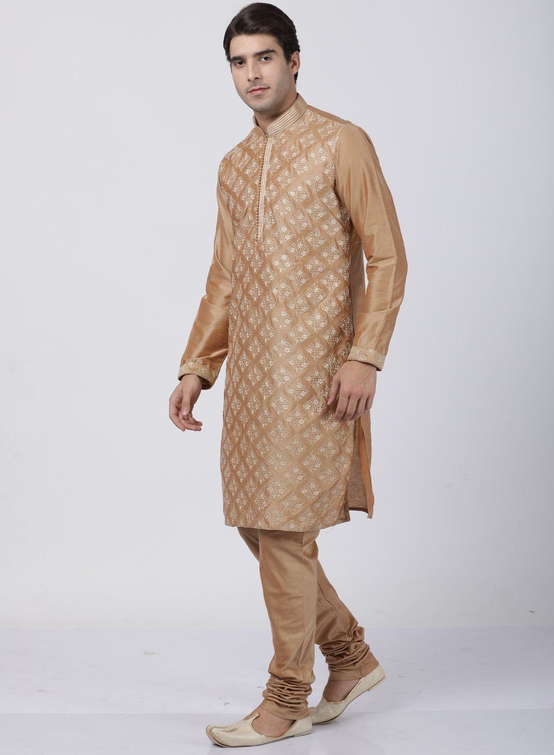 Men's Gold Cotton Silk Blend Kurta and Pyjama Set