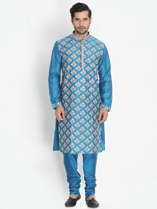 Men's Blue Cotton Silk Blend Kurta and Pyjama Set
