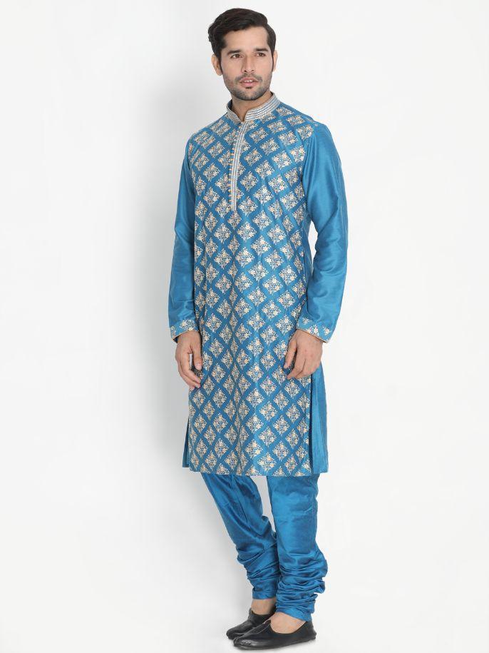 Men's Blue Cotton Silk Blend Kurta and Pyjama Set