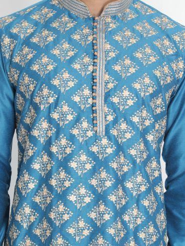 Men's Blue Cotton Silk Blend Kurta and Pyjama Set