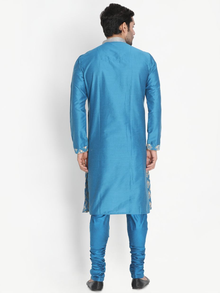 Men's Blue Cotton Silk Blend Kurta and Pyjama Set
