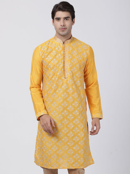 Men's Yellow Cotton Silk Blend Kurta