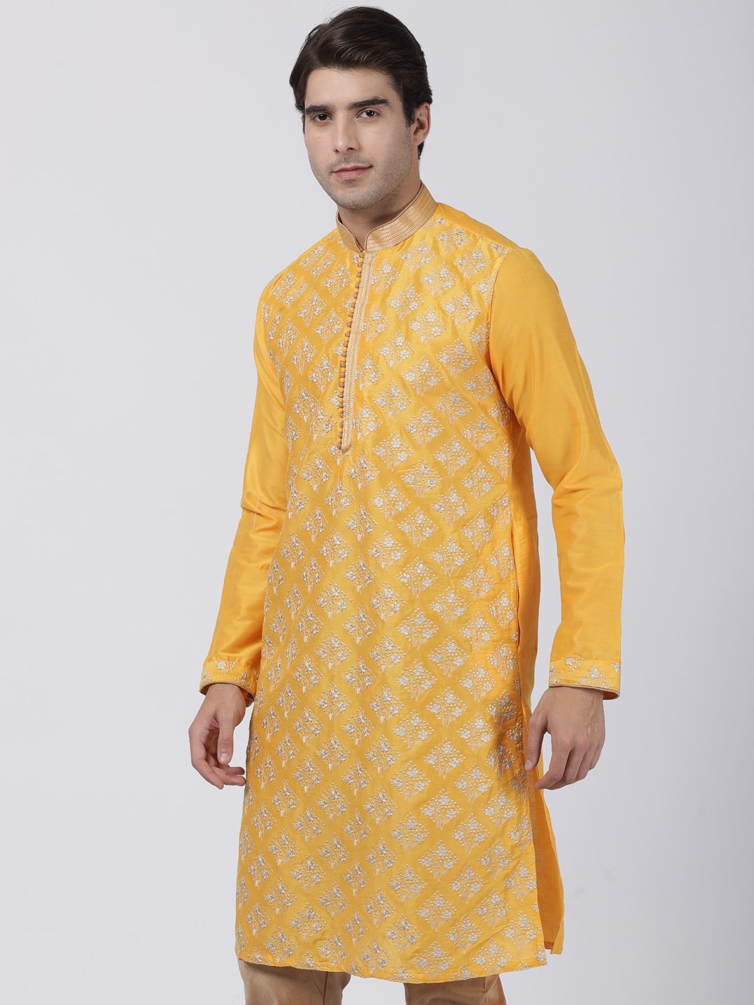Men's Yellow Cotton Silk Blend Kurta