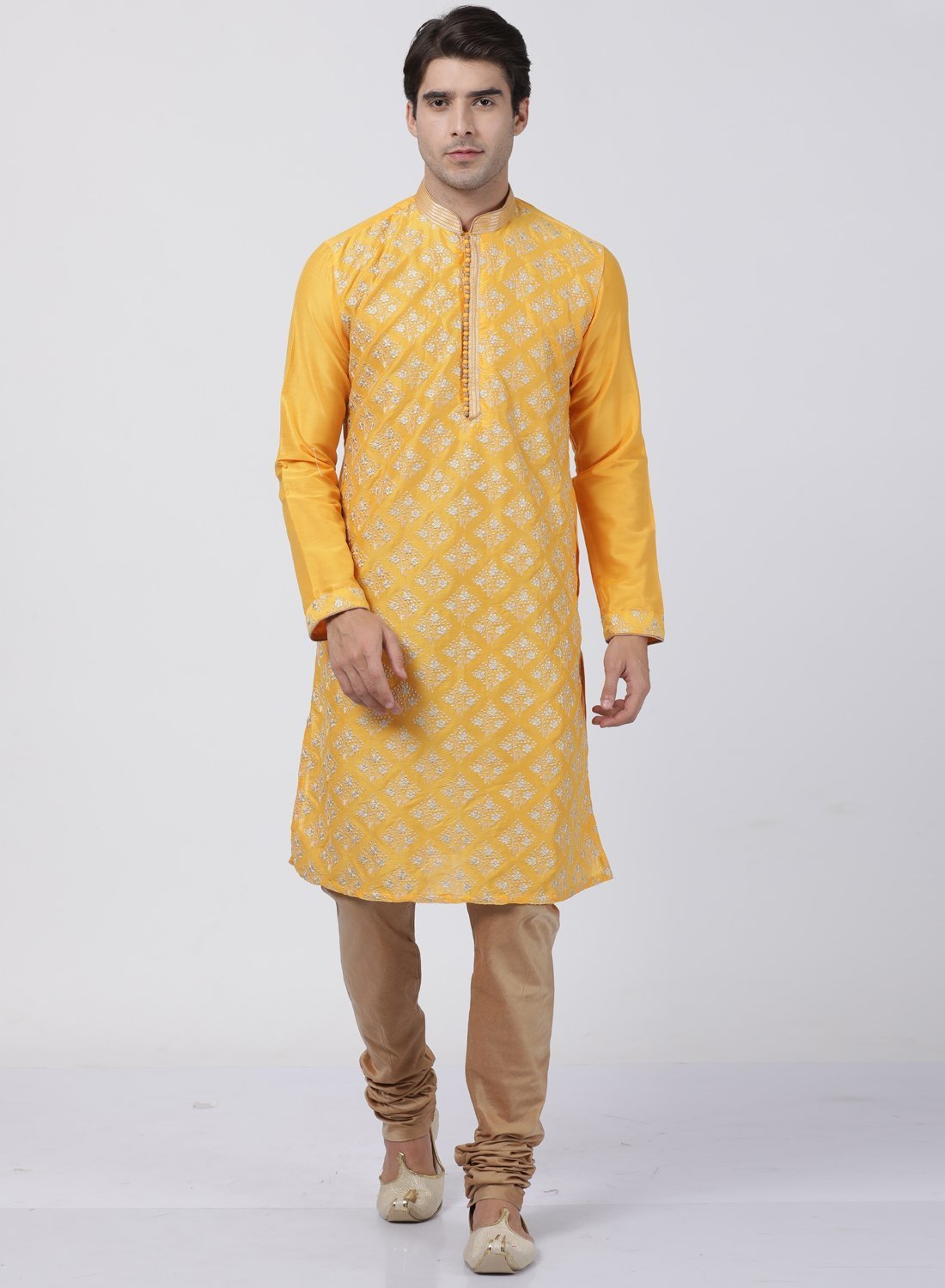 Men's Yellow Cotton Silk Blend Kurta and Pyjama Set