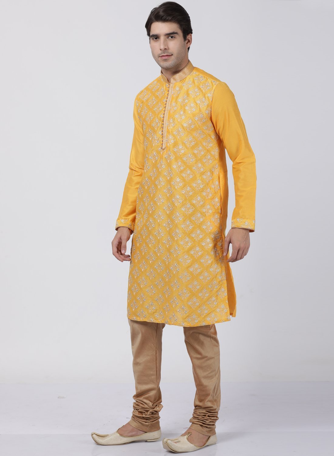 Men's Yellow Cotton Silk Blend Kurta and Pyjama Set