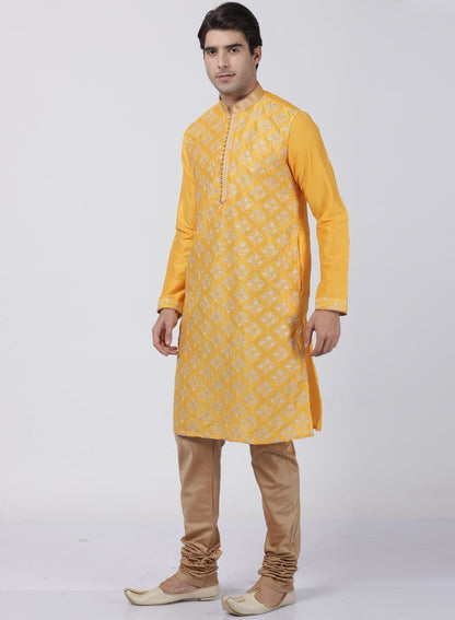 Men's Yellow Cotton Silk Blend Kurta and Pyjama Set