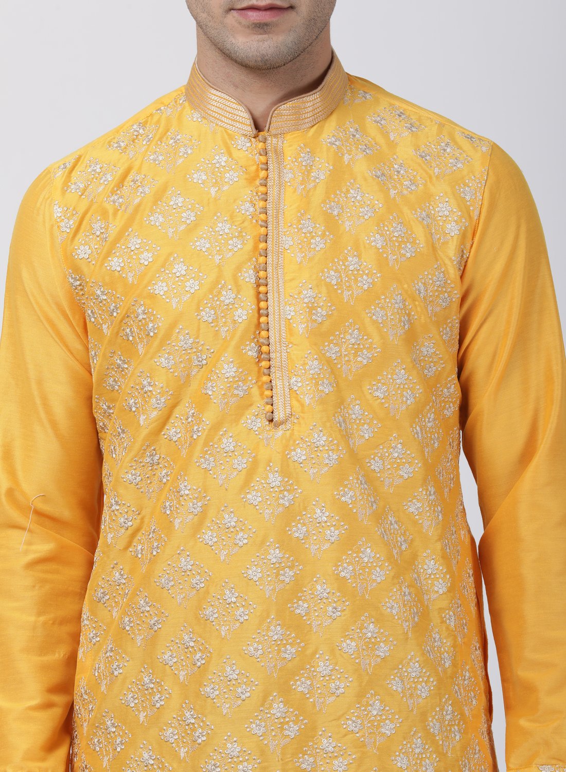Men's Yellow Cotton Silk Blend Kurta and Pyjama Set