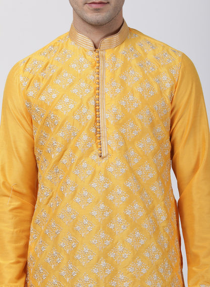 Men's Yellow Cotton Silk Blend Kurta and Pyjama Set