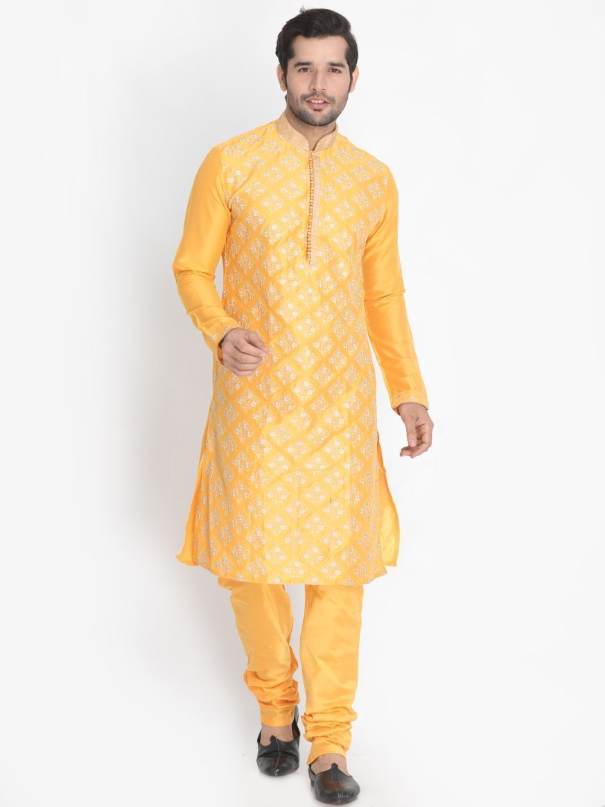 Men's Yellow Cotton Silk Blend Kurta and Pyjama Set