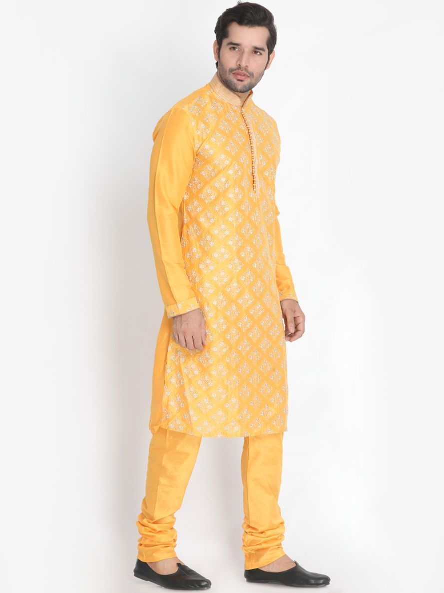 Men's Yellow Cotton Silk Blend Kurta and Pyjama Set