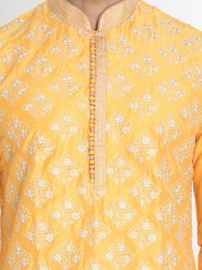Men's Yellow Cotton Silk Blend Kurta and Pyjama Set