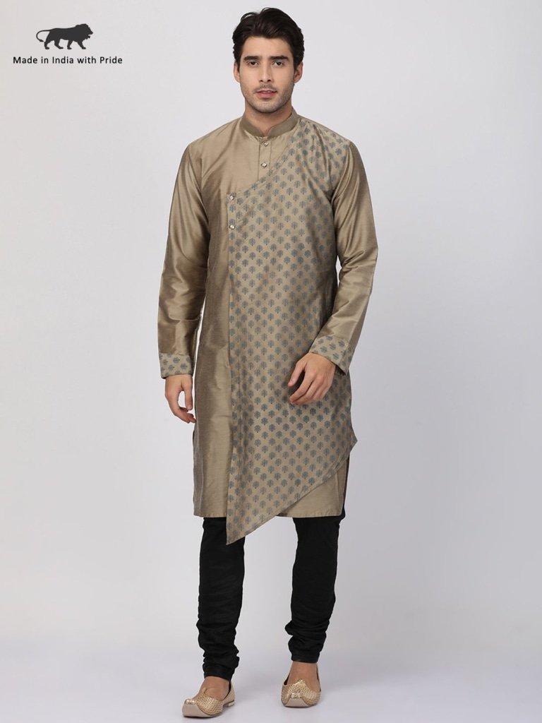 Men's Beige Cotton Silk Blend Kurta and Pyjama Set