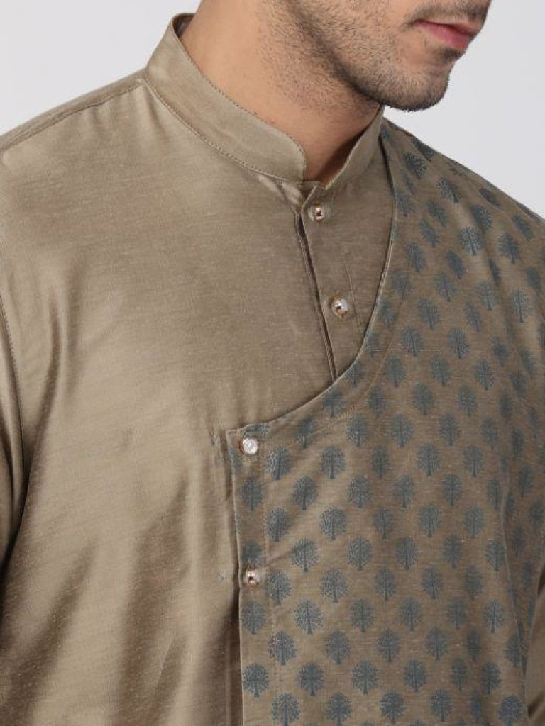 Men's Beige Cotton Silk Blend Kurta and Pyjama Set