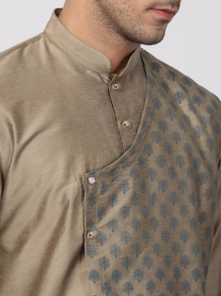 Men's Beige Cotton Silk Blend Kurta and Pyjama Set