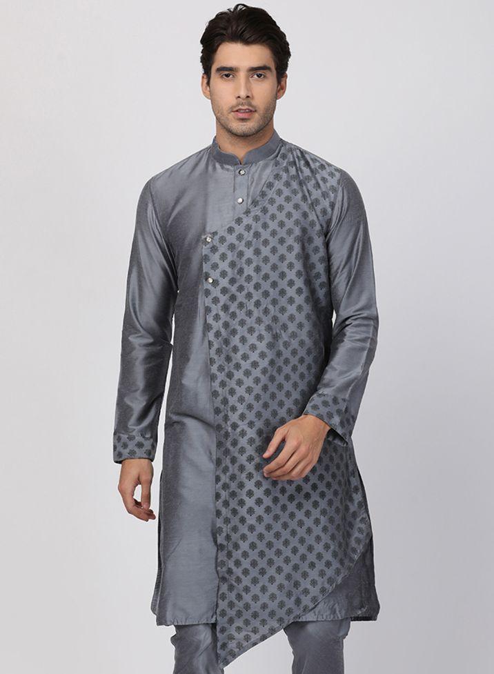 Men's Grey Cotton Silk Blend Kurta