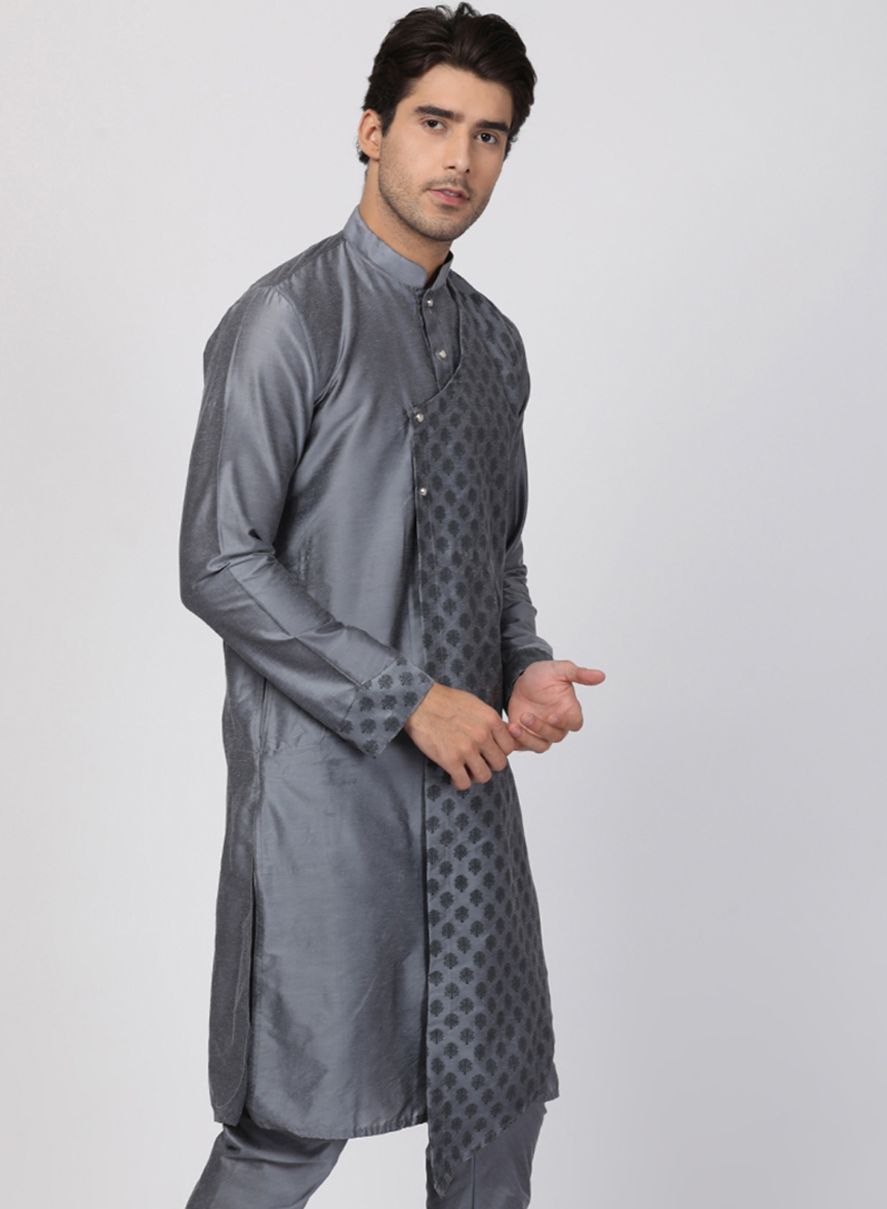 Men's Grey Cotton Silk Blend Kurta