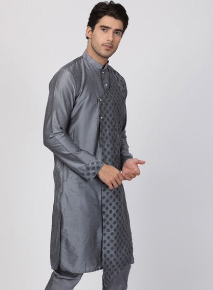 Men's Grey Cotton Silk Blend Kurta
