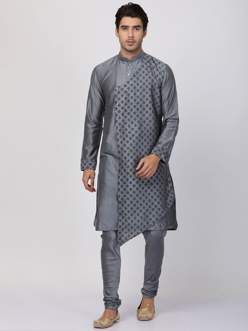 Men's Grey Cotton Silk Blend Kurta