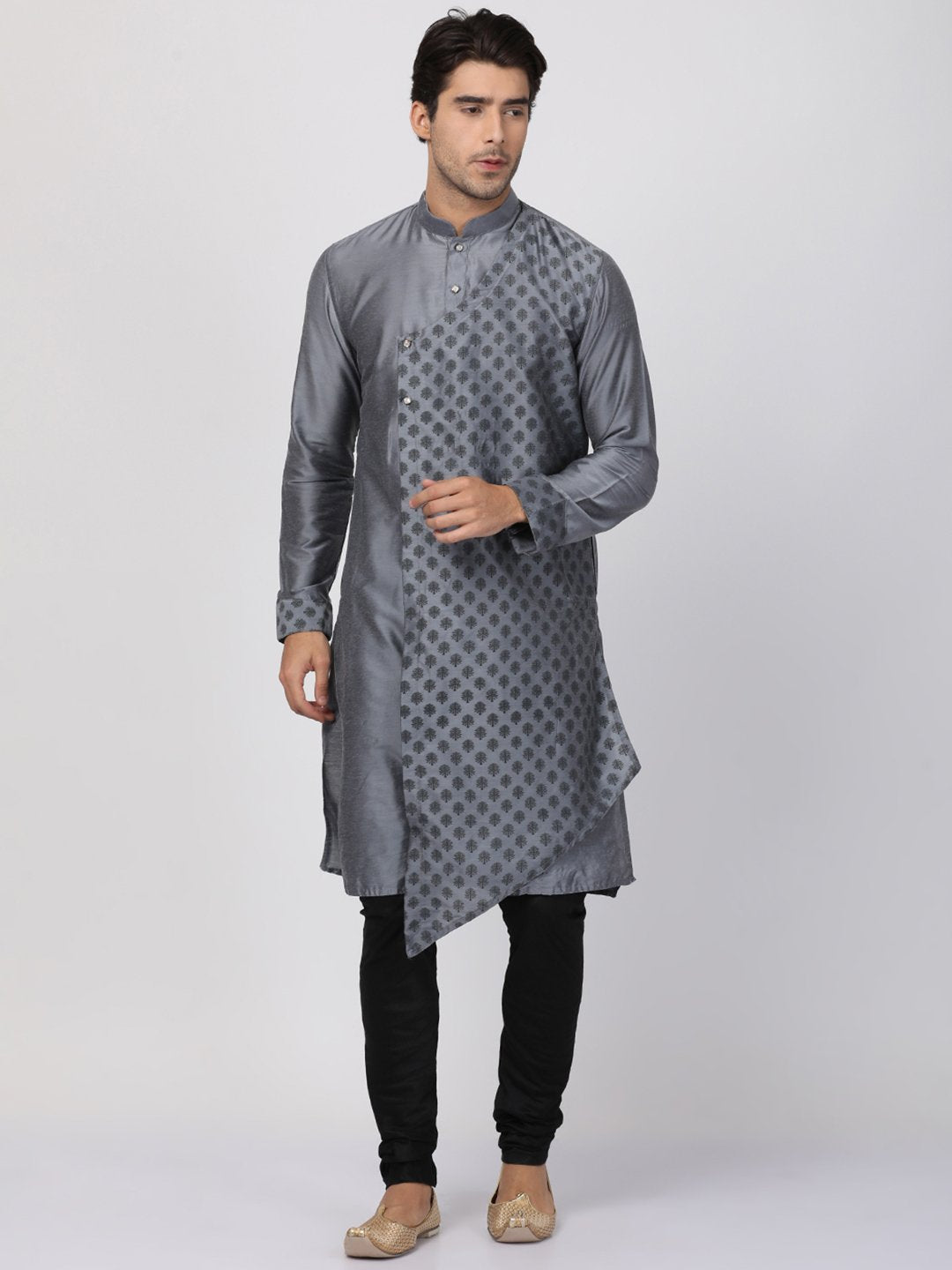Men's Grey Cotton Silk Blend Kurta and Pyjama Set