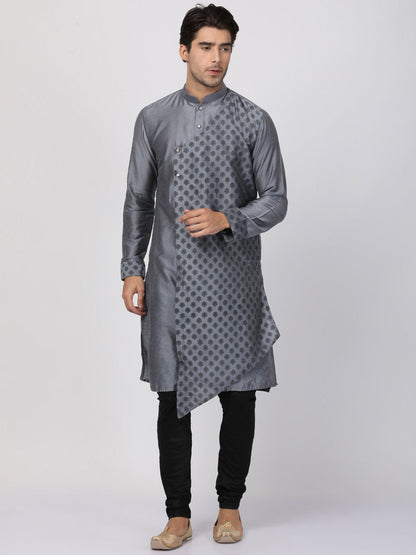 Men's Grey Cotton Silk Blend Kurta and Pyjama Set