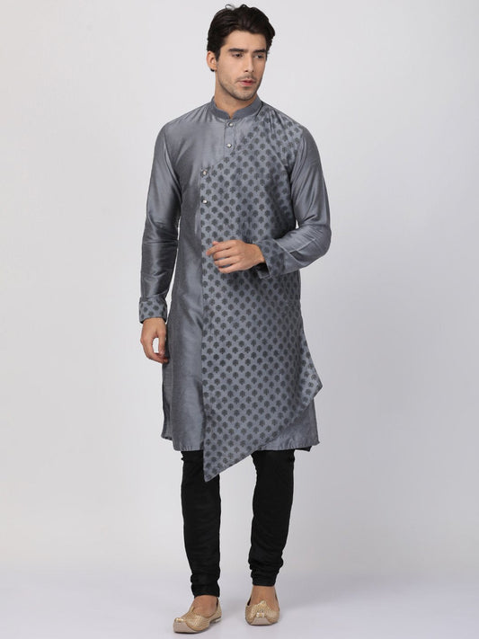 Men's Grey Cotton Silk Blend Kurta and Pyjama Set