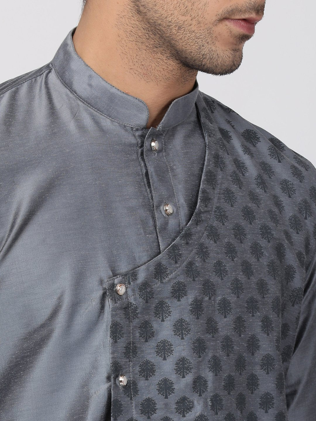 Men's Grey Cotton Silk Blend Kurta and Pyjama Set