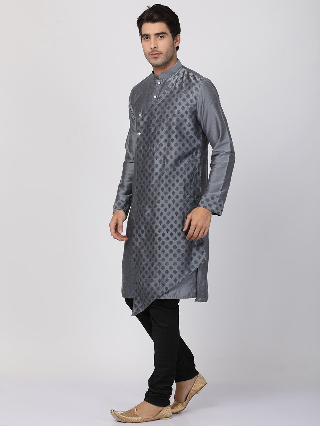 Men's Grey Cotton Silk Blend Kurta and Pyjama Set