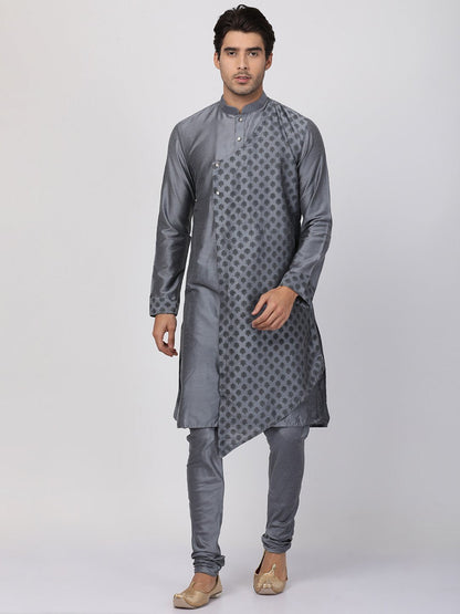 Men's Grey Cotton Silk Blend Kurta and Pyjama Set