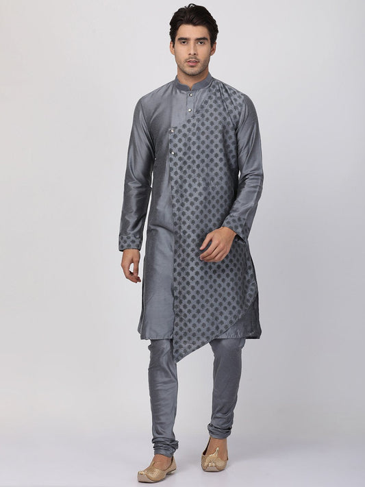 Men's Grey Cotton Silk Blend Kurta and Pyjama Set