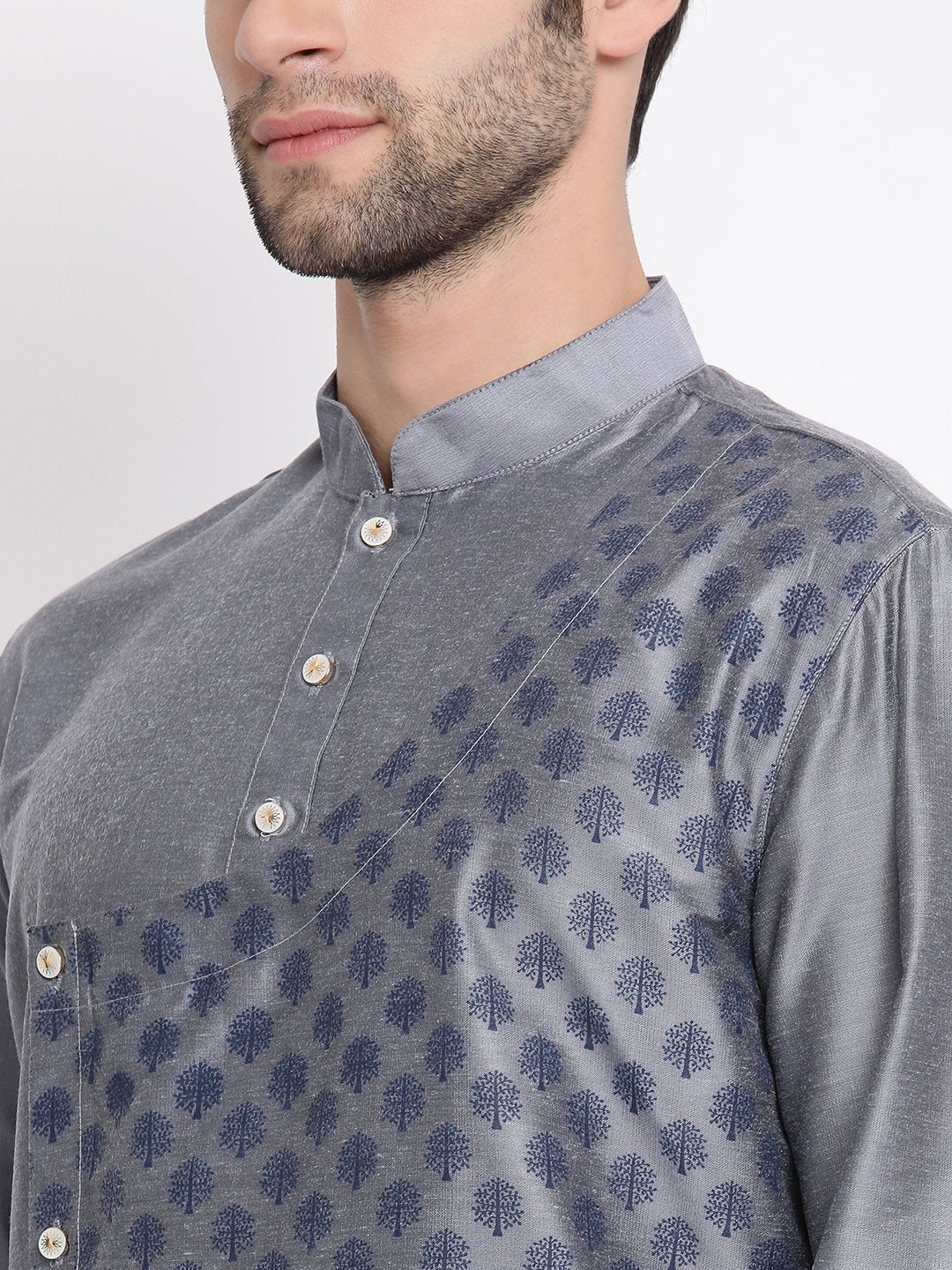 Men's Grey Cotton Silk Blend Kurta and Pyjama Set