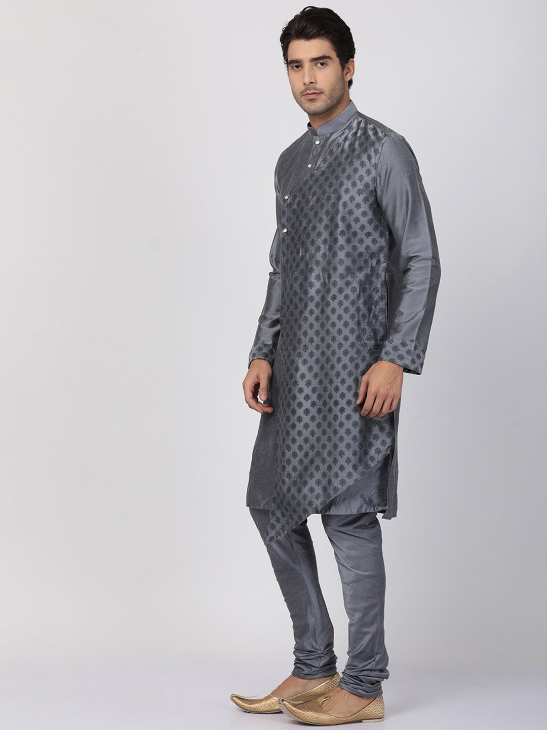 Men's Grey Cotton Silk Blend Kurta and Pyjama Set