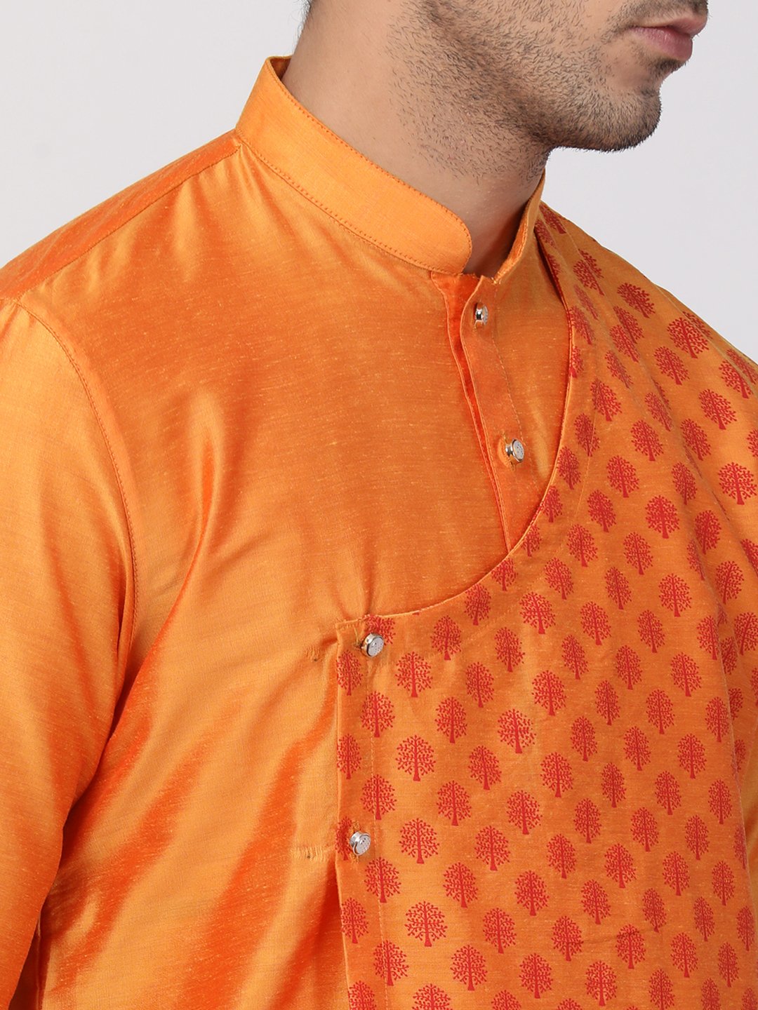 Men's Orange Cotton Silk Blend Kurta and Pyjama Set