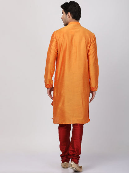 Men's Orange Cotton Silk Blend Kurta and Pyjama Set