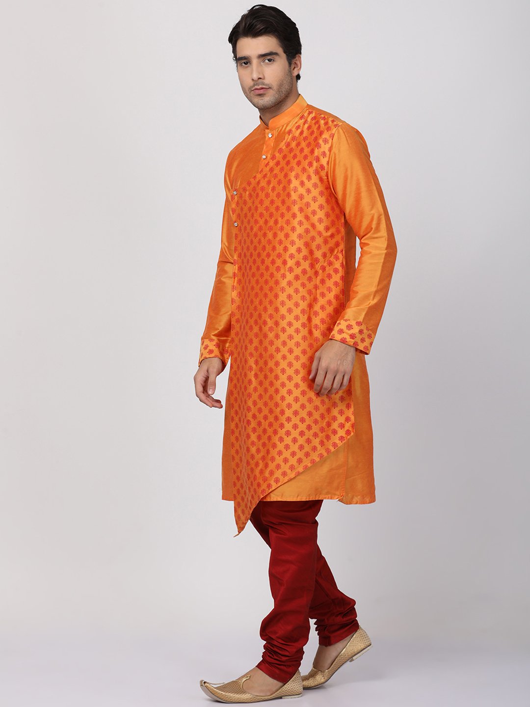 Men's Orange Cotton Silk Blend Kurta and Pyjama Set