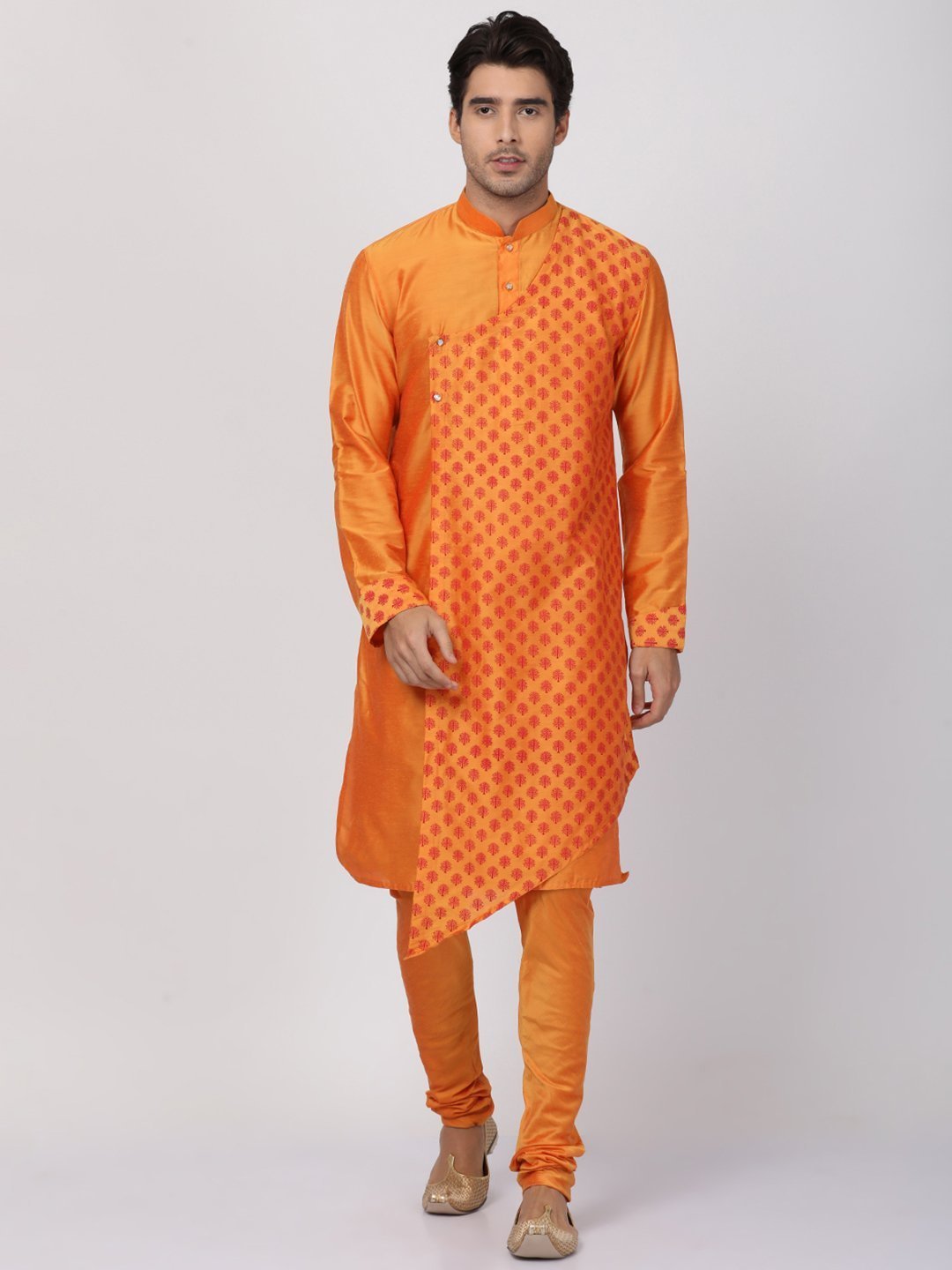 Men's Orange Cotton Silk Blend Kurta and Pyjama Set