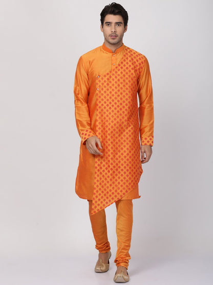 Men's Orange Cotton Silk Blend Kurta and Pyjama Set