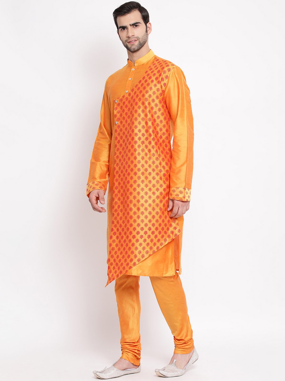 Men's Orange Cotton Silk Blend Kurta and Pyjama Set