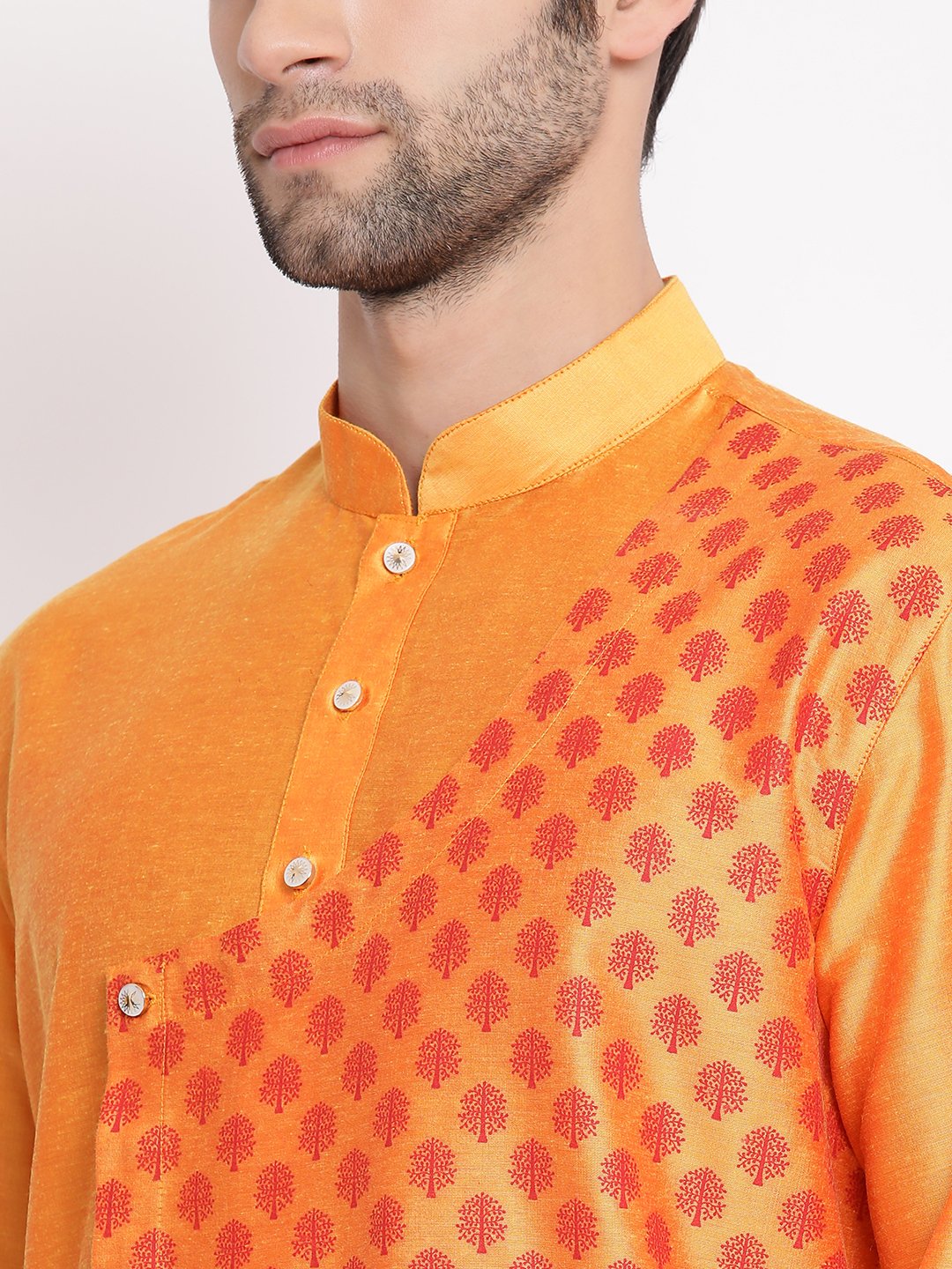 Men's Orange Cotton Silk Blend Kurta and Pyjama Set