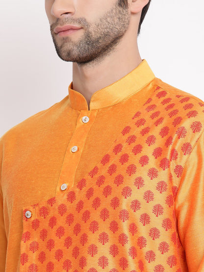 Men's Orange Cotton Silk Blend Kurta and Pyjama Set