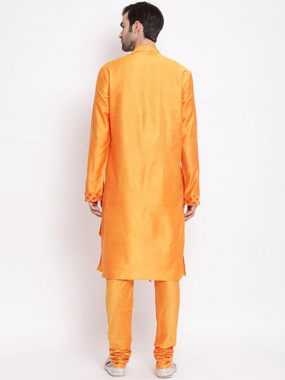 Men's Orange Cotton Silk Blend Kurta and Pyjama Set