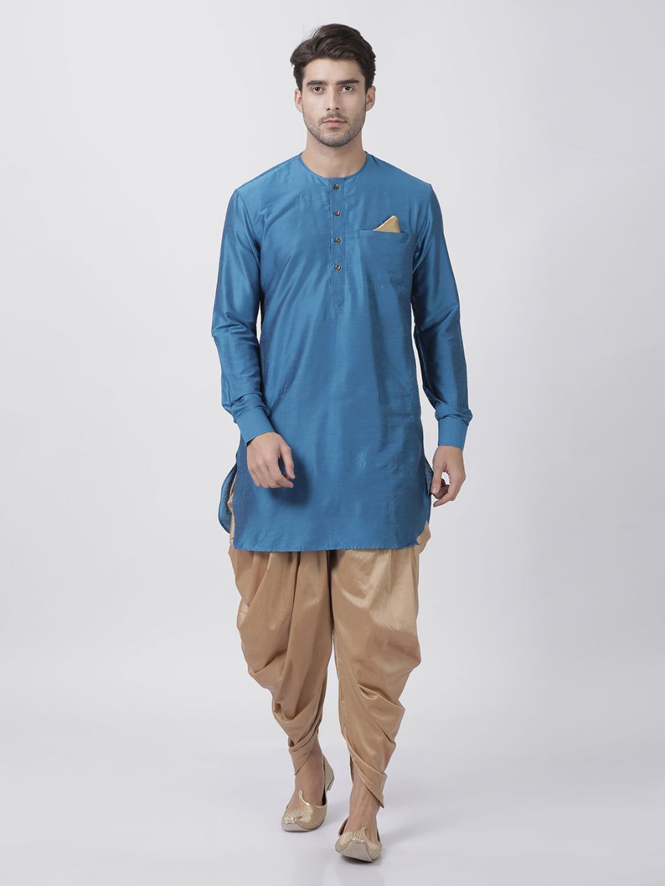 Men's Dark Blue Cotton Silk Blend Kurta and Pyjama Set
