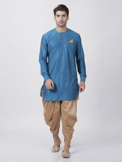 Men's Dark Blue Cotton Silk Blend Kurta and Pyjama Set