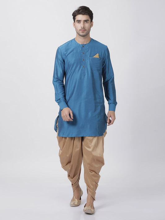 Men's Dark Blue Cotton Silk Blend Kurta and Pyjama Set