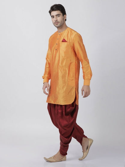 Men's Orange Cotton Blend Kurta and Dhoti Pant Set