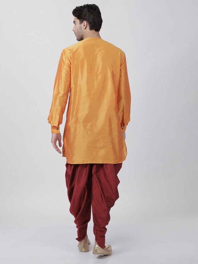 Men's Orange Cotton Blend Kurta and Dhoti Pant Set