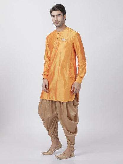 Men's Orange Cotton Blend Kurta and Dhoti Pant Set