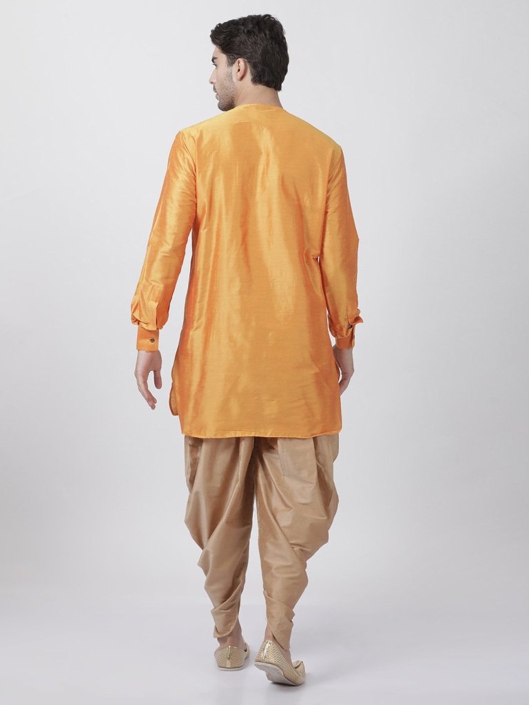 Men's Orange Cotton Blend Kurta and Dhoti Pant Set