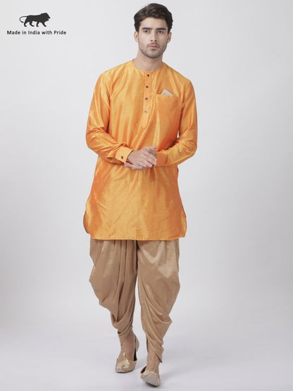 Men's Orange Cotton Blend Kurta and Dhoti Pant Set