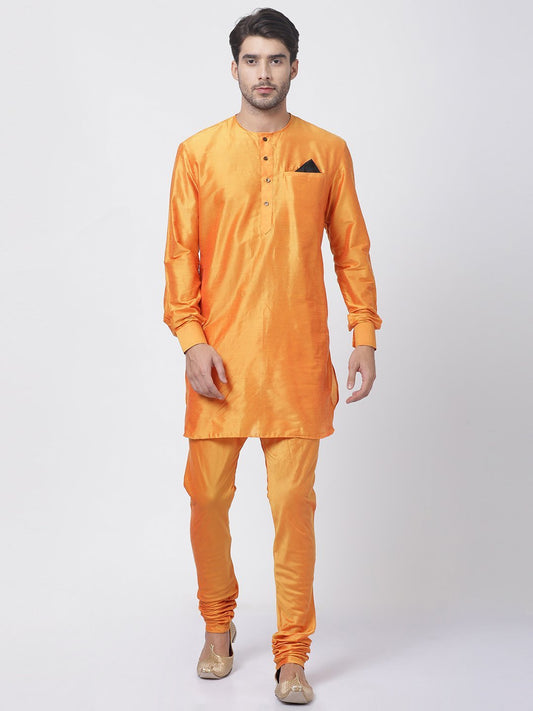 Men's Orange Cotton Blend Kurta and Pyjama Set
